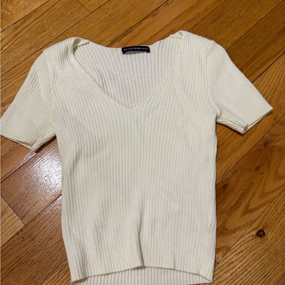 Brandy Melville Cream Ribbed Fitted T-Shirt